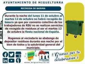 Del lunes 11 a martes 12 de octubre por Fiesta Nacional no habrá recogida de basuras en Miguelturra