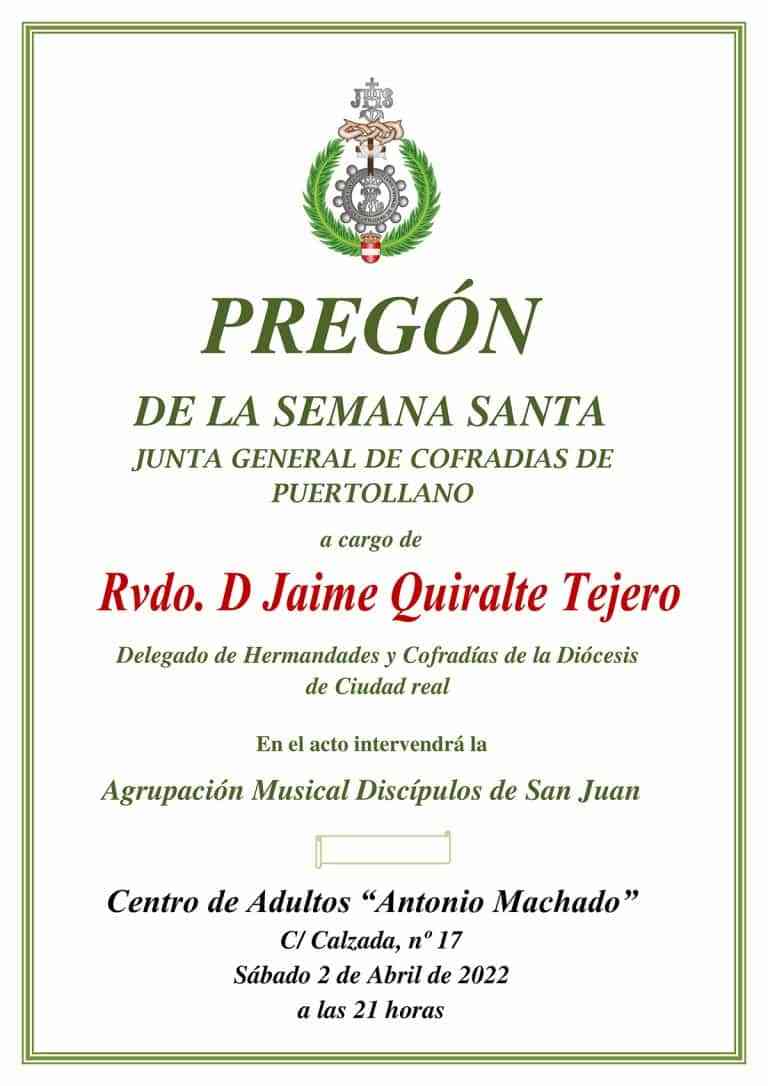 Jaime Quiralte Tejero será el pregonero de la Semana Santa 2022 de Puertollano