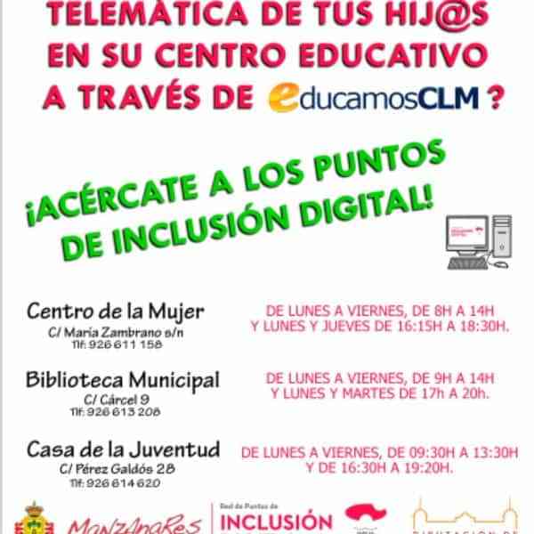 Los Puntos de Inclusión Digital de Manzanares te apoyan en la inscripción telemática de tus hijos en su centro educativo