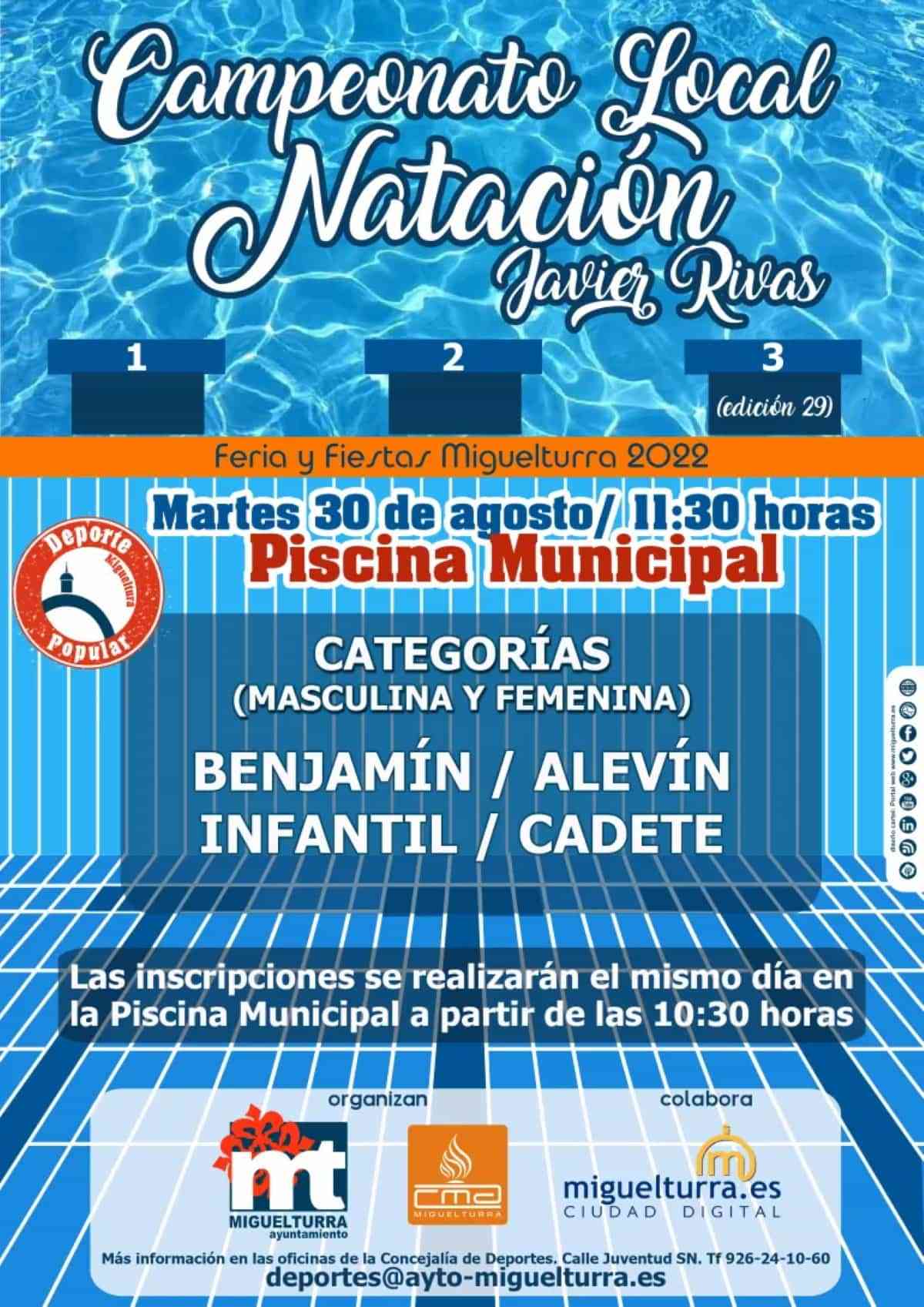 Campeonato Local de Natación «Javier Rivas» el 30 de agosto dentro de la programación deportiva de la Feria y Fiestas de Miguelturra
