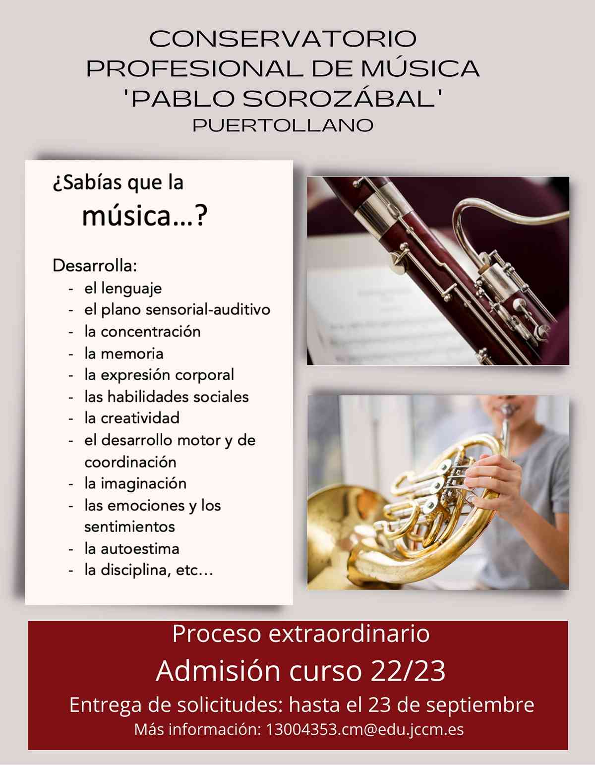 Abierto hasta el 23 de septiembre el segundo período de admisión al Conservatorio de Música ‘Pablo Sorozábal’ de Puertollano