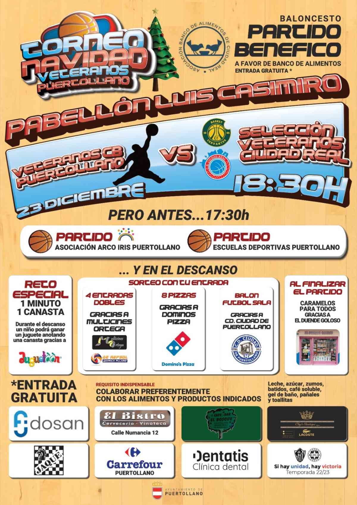 Partido benéfico entre veteranos del baloncesto de Puertollano y de Ciudad Real a favor del banco de alimentos el 23 de diciembre