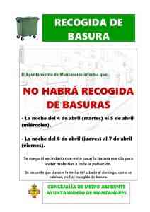 No habrá recogida de basuras en Manzanares las noches del 4 al miércoles 5 de abril y del jueves 6 al 7 de abril
