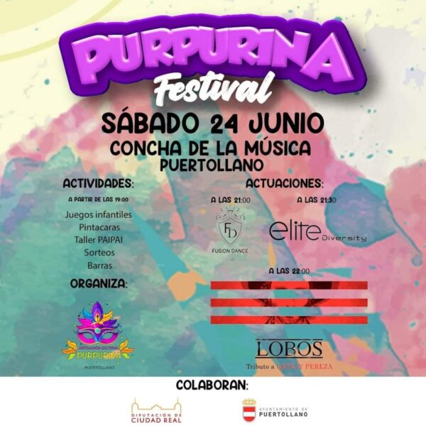 Festival con actividades infantiles de la Asociación Cultural Purpurina el 24 de junio en la Concha de la Música de Puertollano