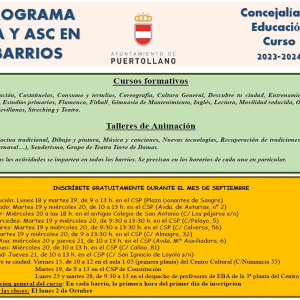 Inscripciones del programa municipal de Educación Básica de Adultos y animación sociocultural de Puertollano abren hoy 18 de septiembre
