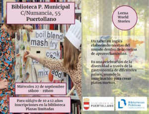 Taller en inglés de elaboración de recetas del mundo el 27 de septiembre para niños de 10 a 12 años en la biblioteca pública de Puertollano