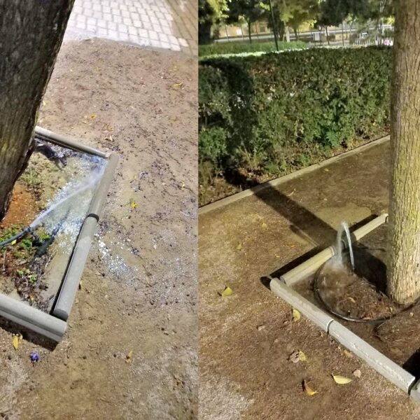 Vandalismo en el parque La Rincona: daños a anillos de riego, mobiliario y arbolado.