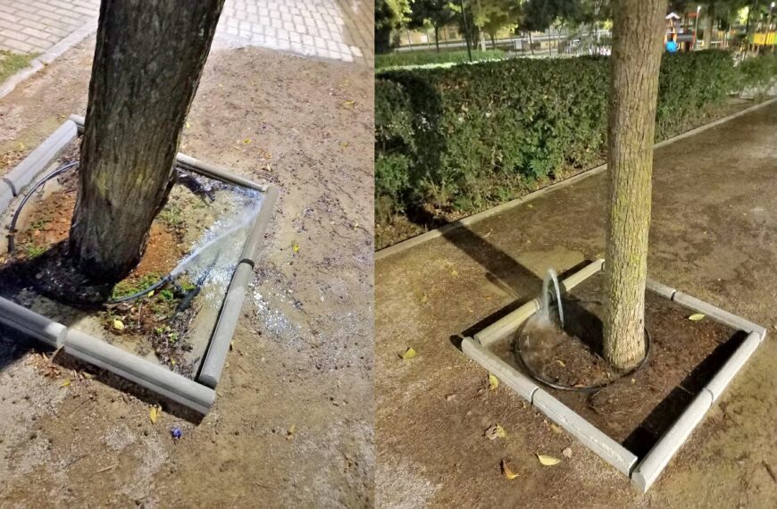 Vandalismo en el parque La Rincona: daños a anillos de riego, mobiliario y arbolado.