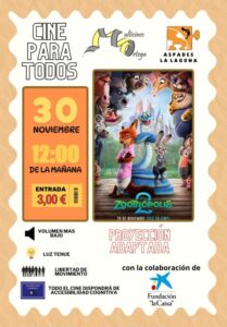 Aspades-La Laguna organiza la proyección inclusiva de ‘Zootrópolis’ este domingo en su ciclo ‘Cine para Todos’