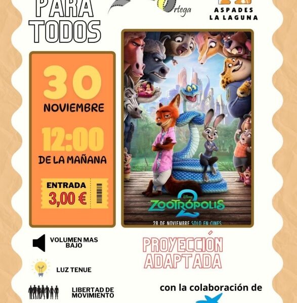 Aspades-La Laguna organiza la proyección inclusiva de ‘Zootrópolis’ este domingo en su ciclo ‘Cine para Todos’