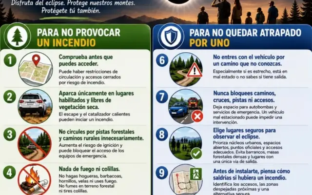 Cartel de Protección Civil sobre el eclipse total de Sol y el riesgo de incendios forestales