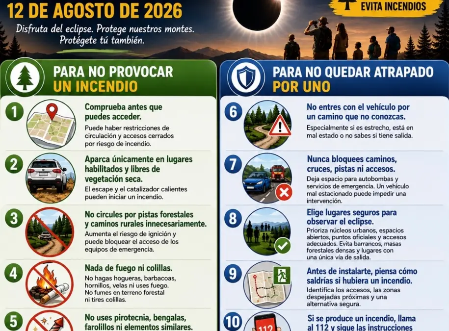 Cartel de Protección Civil sobre el eclipse total de Sol y el riesgo de incendios forestales