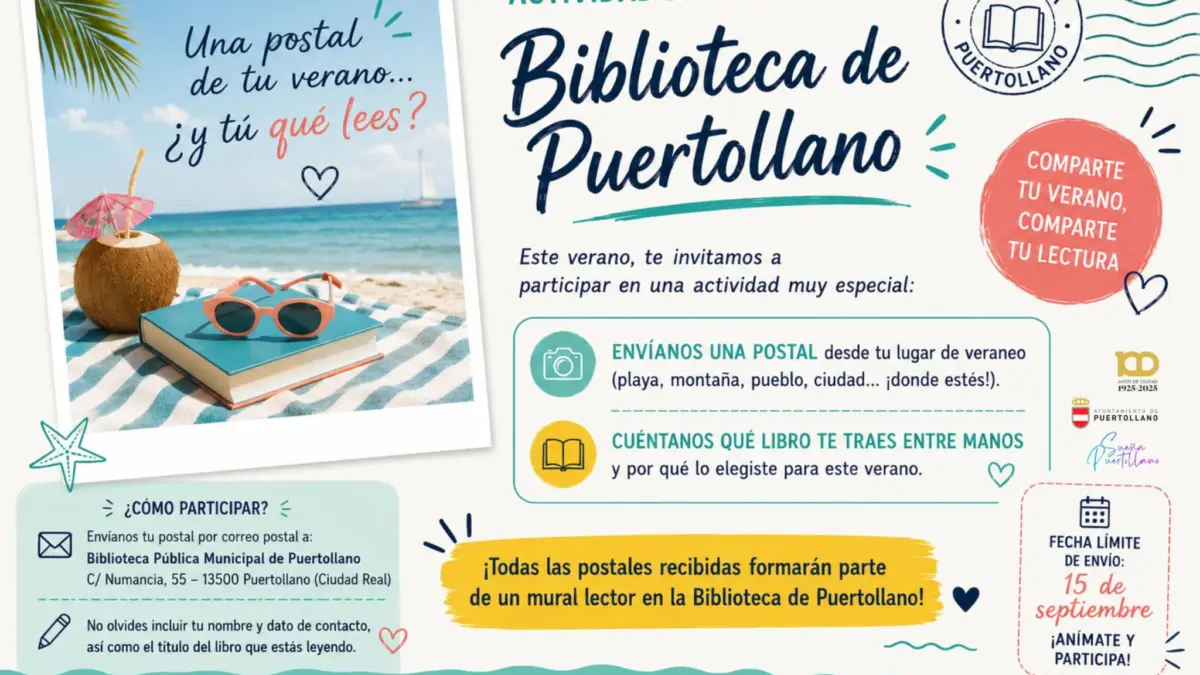 Cartel de la campaña Una postal de tu verano de la Biblioteca Pública Municipal de Puertollano