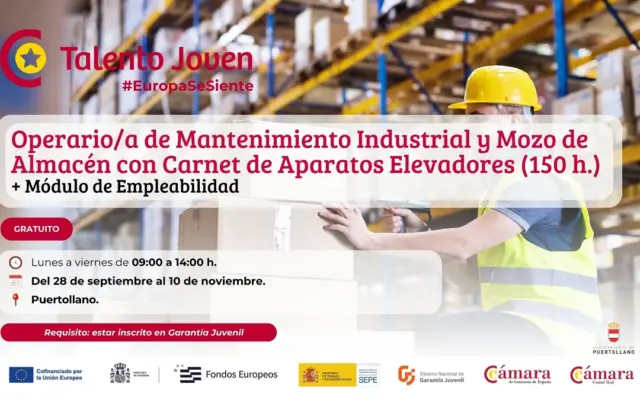 Cartel del curso de operario de mantenimiento industrial y mozo de almacén de la Cámara de Comercio en Puertollano