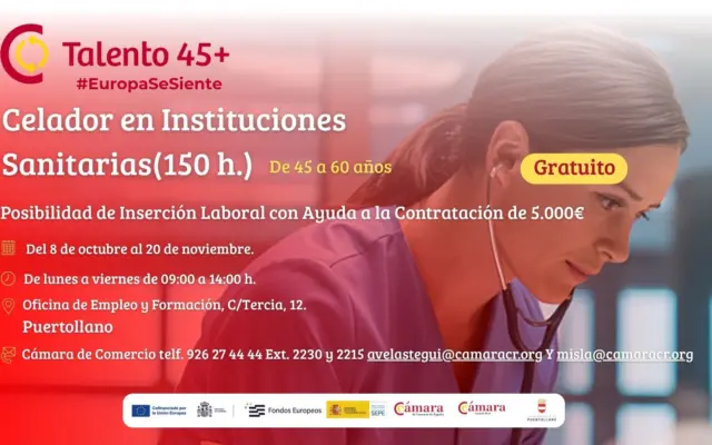 Cartel del curso gratuito de celador en instituciones sanitarias del programa Talento 45+ en Puertollano