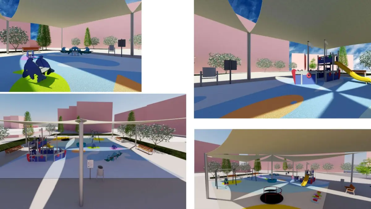 Zona del parque infantil de la plaza Almagro en la barriada de Fraternidad, en Puertollano