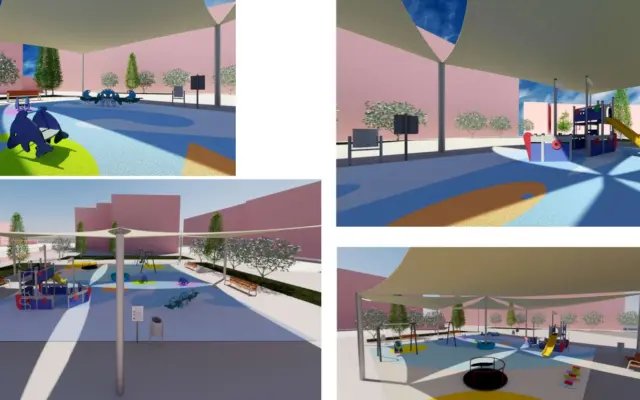 Zona del parque infantil de la plaza Almagro en la barriada de Fraternidad, en Puertollano